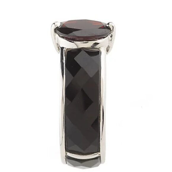 Sterling Silver Faceted Onyx & 1.40 ct Oval Garnet Band Ring Size 9 - Picture 3 of 11